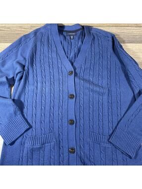 Lands End Sweater Womens XL/P Blue Cardigan Button Up Cable Knit Cotton